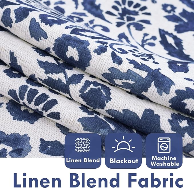 DriftAway Julia 100% Blackout Curtains Back Tab 2 Panels, W52xL84, Navy | Floral Curtains, Bedroom, Living Room, Linen Blend, Watercolor Pattern, 2 Layers, Thermal Insulated, Window Treatment