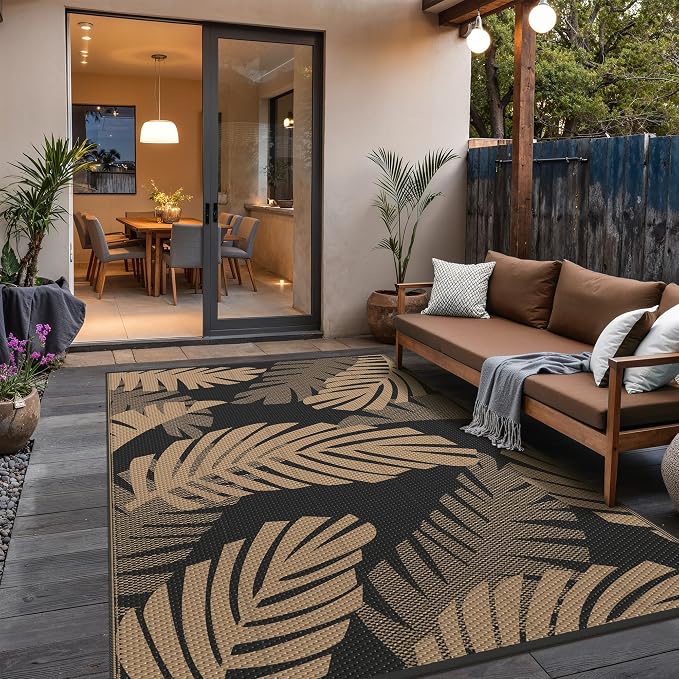 GENIMO Outdoor Rug, Waterproof Plastic Rugs for Patio, 9'x12' Black Brown | Outside Larger Leaf Carpet Mat for Porch Decor, Deck, Balcony, Camping, RV, Backyard, Picnic, Beach, Reversible, Foldable