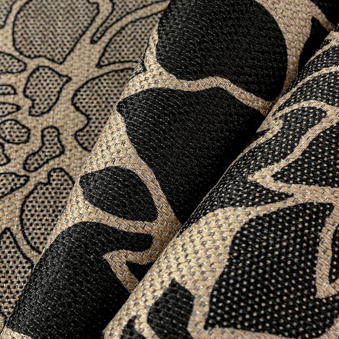 PureCozy 5x8 Easy Jute Outdoor Rug Black Floral Textured Indoor Outdoor Area Rug Farmhouse Patio Carpet for Backyard, Patio, Porch, Easy-Cleaning, High Traffic, Pet-Friendly, Non-Shedding