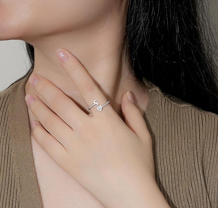 Step Forward 925 Sterling Silver Adjustable Initial Ring for Women | Non Tarnish Letter Rings for Lady | Alphabet Heart Thumb Rings | Capital Letter Jewelry Gifts