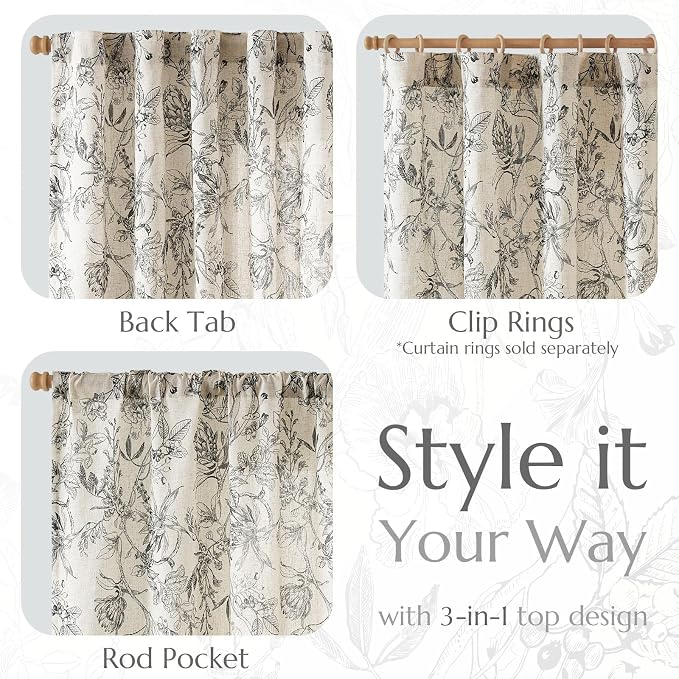 jinchan Floral Curtains 108 Inch Length Black Flower Linen Farmhouse Curtain for Living Room French Country Vintage Curtain Rod Pocket Curtains Set 2 Panels Balck Floral Printed