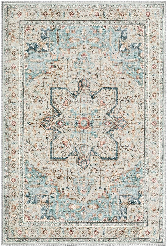 Tortania Area Rug 2x3 Doormat - Washable Vintage Oriental Farmhouse Soft Thin Indoor Carpet for Living Room Bedroom Hallway Entryway Kitchen - Aqua Multi