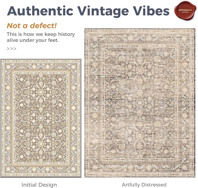 OPPODREAM Vintage Beige Round Rug 8ft, 8 ft Retro Washable Circle Rug Non Slip, Low-Pile Faux Wool Circular Carpet, Distressed Tan Floor Mat for Living Room, Bedroom, Office, Dorm, Dinning Room