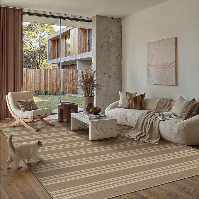 PureCozy Outdoor Rug 5x7 Washable Striped Jute Look Non Slip Carpet | Khaki Stripe Farmhouse Style, Indoor Outdoor Area Rug for Patio, Living Room, Dining Room, Non Shedding, Neutral Rugs