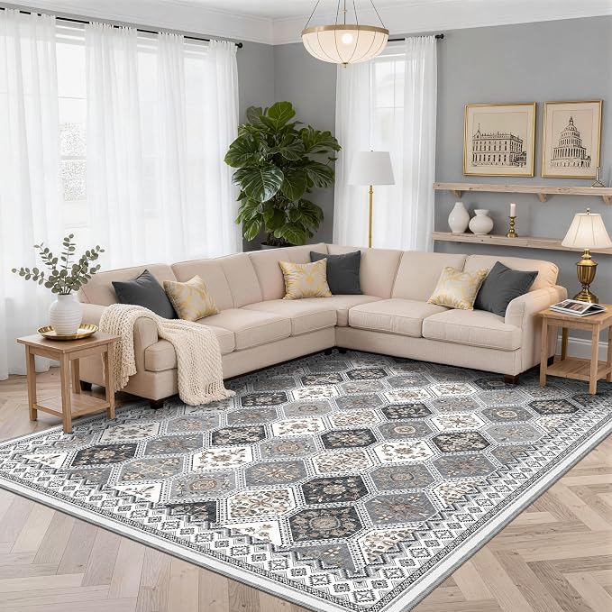Area Rugs 9x12 Living Room, Non-Slip Vintage Boho Moroccan Rug, Gray/Gold | TTelephant Soft Low-Pile Printed Washable Area Rugs Gray Rug for Living Room, Bedroom, Dining Room
