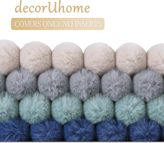 decorUhome Fall Faux Fur Throw Pillow Covers 18x18 Set of 4 Beige/Blue | Decorative Modern Farmhouse Soft Cozy Striped Pillow Cases Velvet Back for Sofa Bed Living Room Classic Accent Home Decor