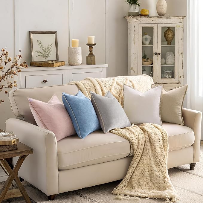 decorUhome Soft Chenille Throw Pillow Covers 24x24 Set of 2 Beige | Fall Textured Decorative Throw Pillow Cases Stitched Edge Modern Farmhouse Luxury Boho Velvet for Couch Sofa Bed Home Decor