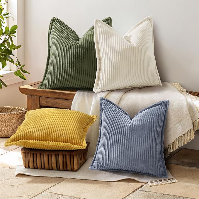 decorUhome Fall Corduroy Blue Grey Throw Pillow Covers 20x20 Set of 2 | Couch Decorative Soft Modern Boho Farmhouse Pillow Covers Broadside Striped Pillow Cases for Living Room Bed Sofa