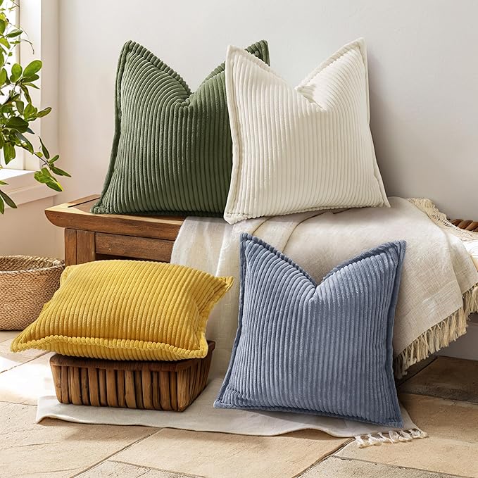decorUhome Fall Corduroy Blue Grey Throw Pillow Covers 26x26 Set of 2 | Euro Sham Couch Decorative Soft Modern Boho Farmhouse Pillow Covers Broadside Striped Pillow Cases for Living Room Bed Sofa