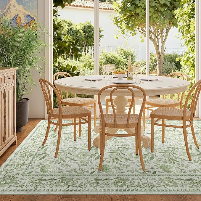 DUKINO 4x6 Area Rug, Washable Vintage Floral Rug for Living Room Sage Green | Non Slip, Low Pile, Stain Resistant Boho Lightweight Soft Indoor Carpet for Bedroom Office Dining Room Entryway Farmhouse
