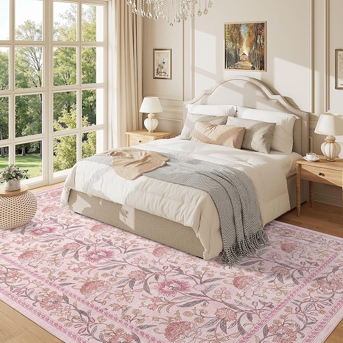 DUKINO 6x9 Area Rug, Vintage Floral Washable Rugs for Living Room, Pink | Non Slip, Low Pile, Non-Shedding, Stain Resistant Soft Large Carpet for Bedroom Home Office Dining Room Farmhouse, Home Decor