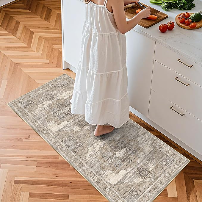 RUUGME Beige 2x4 Runner Rug - Soft Ultra Thin Easy to Clean Runner for Housewife Aged 35-44 - Perfect for Entryway/Hallway/Kitchen/Balcony Vintage Boho Rug 2x4 Beige