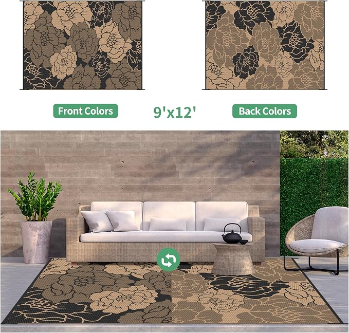 GENIMO Outdoor Rug, Waterproof Plastic Rugs for Patio, 9'x12' Raven Brown | Outside Larger Leaf Carpet Mat for Porch Decor, Deck, Balcony, Camping, RV, Backyard, Picnic, Beach, Reversible, Foldable