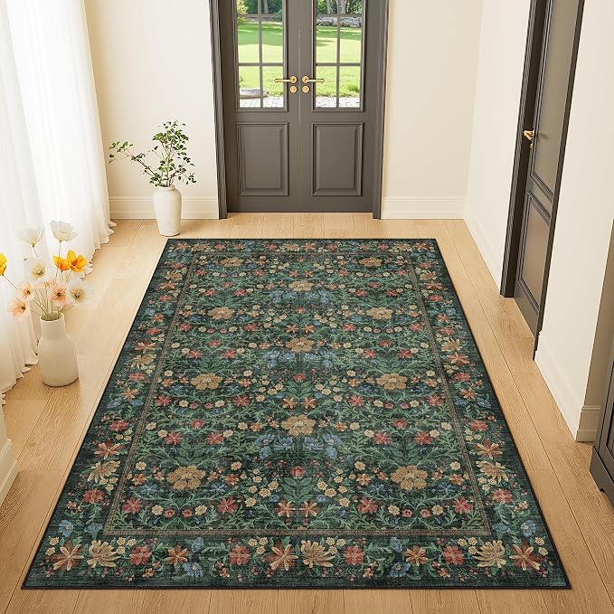 DUKINO 3x5 Rug, Washable Vintage Floral Bedroom Area Rug Non Slip, Green | Low Pile, Non-Shedding, Aesthetic Lightweight Soft Indoor Small Carpet for Bathroom Entryway Living Room Office Farmhouse