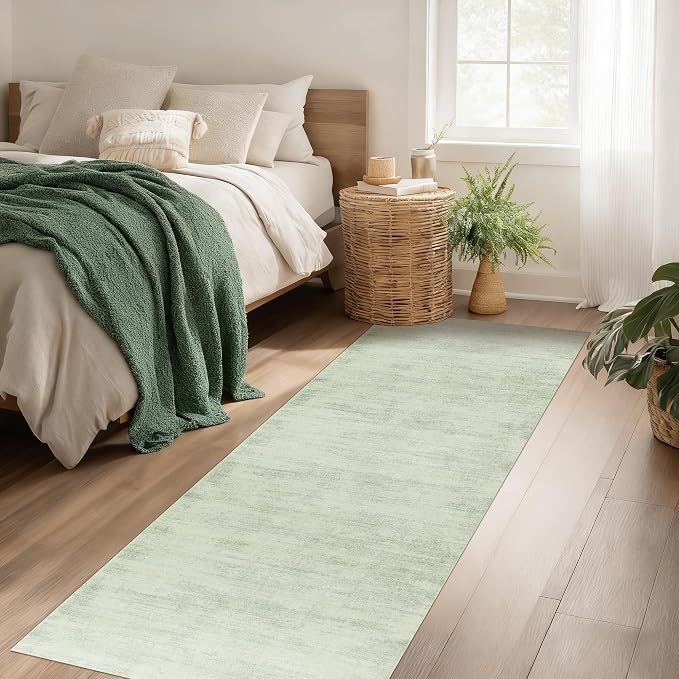 BILEEHOME Washable Runner Rug 2x6 Soft Modern Abstract Green Kitchen Rugs | Light Sage Ombre, Neutral Boho, Low Pile Floor Covering Carpet, with Foldable Non Slip, for Bedside Bathroom Laundry Room