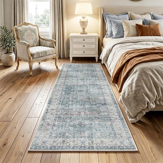Beauoop 2x6 Hallway Runner Rug Washable Blue Neutral Vintage Distressed | Retro Non Slip Low Pile Oriental Soft Thin Indoor Carpet Rug Entryway Entrance Kitchen Laundry Bedroom Bathroom Bedside