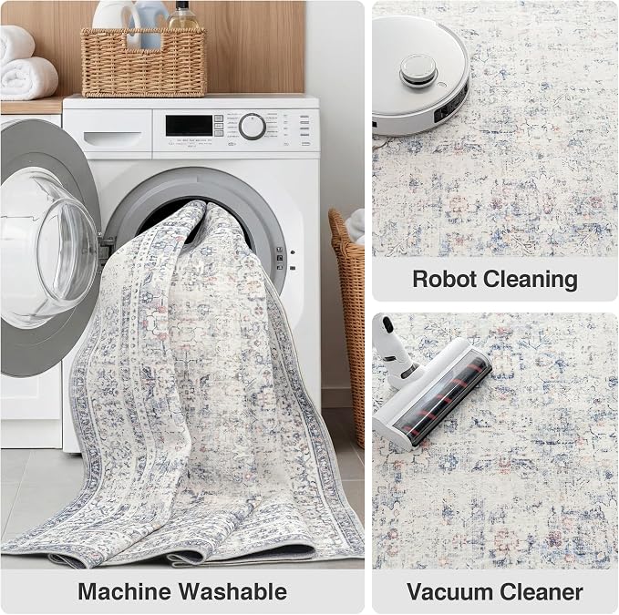 FMFUNCTEX 8x10 Washable Area Rug Blue Neutral Vintage Distressed Oriental Large Non Slip Carpet for Living Room Bedroom Traditional Retro Soft Low Pile Indoor Rugs for Dining Room Office Nursery