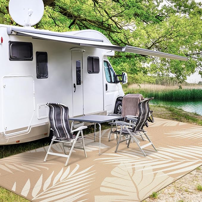 GENIMO Outdoor Rug, Waterproof Plastic Rugs 10'x14' for Camping Brown Beige | Outside Larger Leaf Carpet Mat for Porch Decor, Deck, Camping, RV, Backyard, Balcony, Picnic, Beach, Reversible, Foldable
