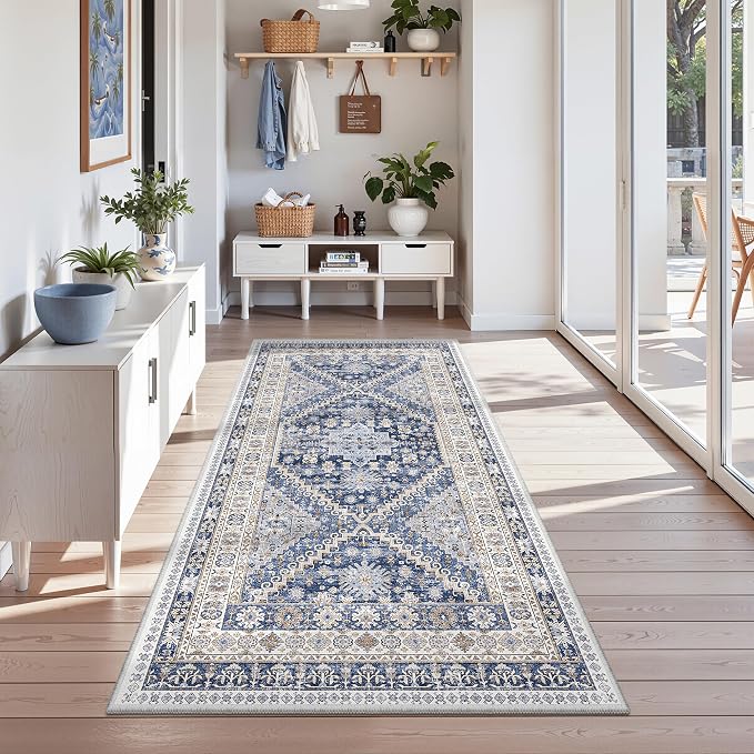 zesthome 3x6 Runner Rug Non Slip, Thin Entryway Washable Rug for Entryway, Runners for Hallways, Low Pile Vintage Abstract Soft Rugs for Living Room, Kitchen, Bedroom(Blue/Beige,3'x6')