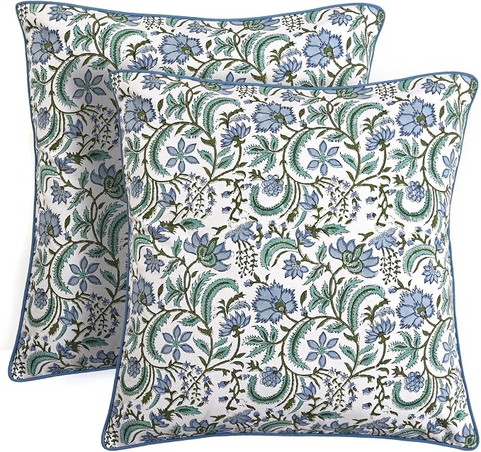 Ridhi Block Print Columbia Blue Pillow Cover 18" x 18" (Pack of 2) Decorative Couch Pillows for Living Room, Chic Boho Cute Outdoor Pillows Covers Gifts for Spring, Easter and Valentine