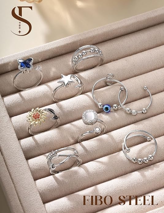 FIBO STEEL 9 Pcs Fidget Anxiety Rings for Women Men Spinner Rings for Anxiety Relieving Stress Open CZ Flower Moon Star Anti Rotatable Rings Adjustable