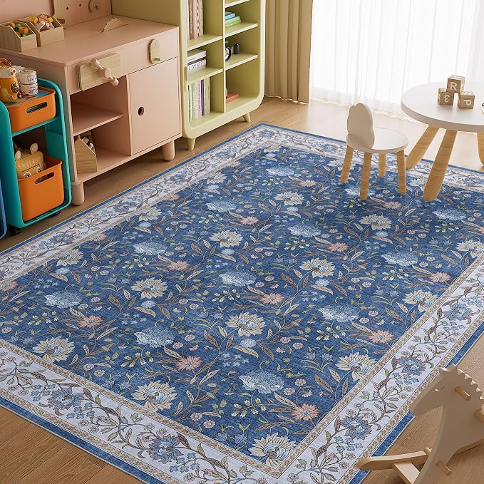 DUKINO 8x10 Area Rug Vintage Floral Washable Rug for Living Room, Sky Blue | Non Slip, Low Pile, Non-Shedding, Stain Resistant Boho Soft Indoor Large Carpet for Bedroom Dining Room Farmhouse, Home Decor