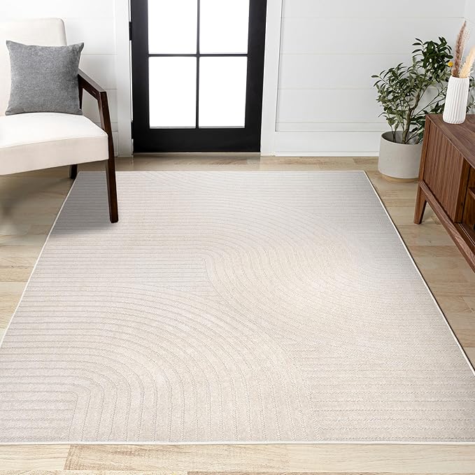 JONATHAN Y Hallie High-Low Curve Ivory/Cream Indoor/Outdoor Area Rug, 12x18, Minimalist, Pet Friendly, Non-Shedding, Stain Resistant, Hose-Washable for Backyard, Patio, Porch (SCN100B-18)