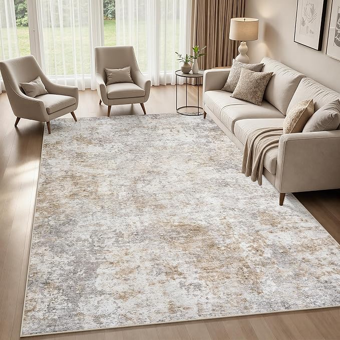 6x9 Area Rugs Living Room Rug Modern Abstract Neutral Washable Rugs Non Slip Soft Carpet Large Area Rug Low Pile Stain Resistant Non Shedding for Bedroom Nursery Dining Room Home Office Brown