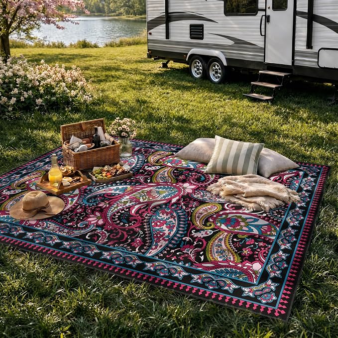 Arenarug Paisley Outdoor Rug Waterproof 5x8, UV Resistant Non Slip Patio Rug, Indoor Outdoor Boho Camping Rug Linen-Look RV Carpet for Deck Balcony Backyard, Magenta‌