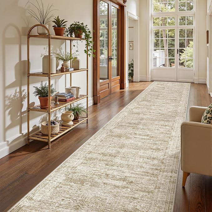 2'6 x 16' Runner Rug Non Slip,Washable Kitchen Rugs,Brown | 16ft Runner Rug for Hallway,Entryway,Bedroom,Living Room,Thin,Soft, Extra Long Rug,Stain Resistant Indoor Carpet