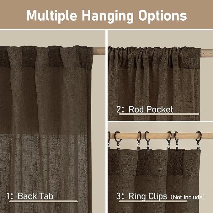 LAMIT Linen Semi Sheer Curtains 48 Inch for Bedroom, Light Filtering Neutral Window Curtains Farmhouse Boho Back Tab and Rod Pocket Panels, Dark Brown, 2 Panels, 52 x 48 Inch