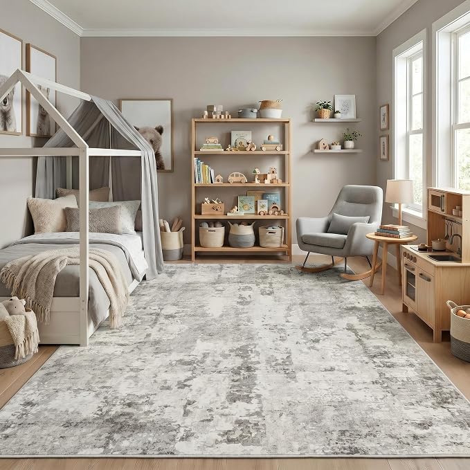 GarveeHome 5x7 Abstract Area Rugs Neutral Beige Washable Living Room Rug | Soft Low Pile Non Slip Accent Rug for Living Room, Bedroom, Dining Room, Modern Neutral Indoor Carpet