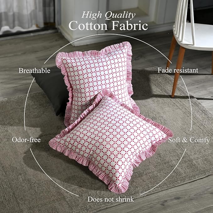 CPC Magenta Pink Hand Block Print 100% Cotton Ruffle Throw Pillow Cover 20x20 inch with Hidden Zipper Decorative for Couch, Bed, Sofa, Farmhouse, Cottagecore Decor Gift Christmas Fall Thanksgiving