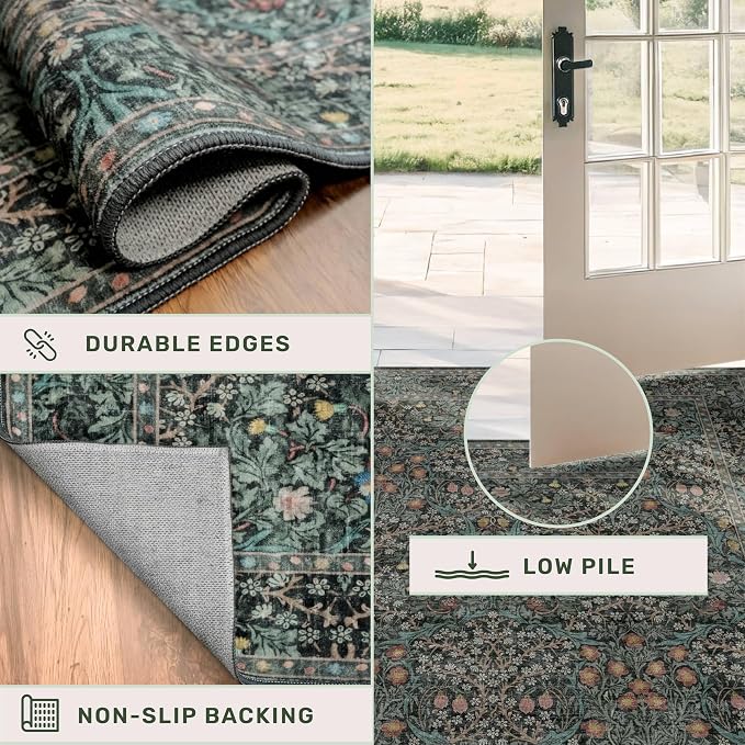 Dark Green 2x7 Long Washable Runner Rug Non Slip, Throw Rugs Runners for Kitchen Hallways Entryway Bathroom Laundry Room, Floor Mat Vintage Floral Carpet Low Pile Stain Resistant