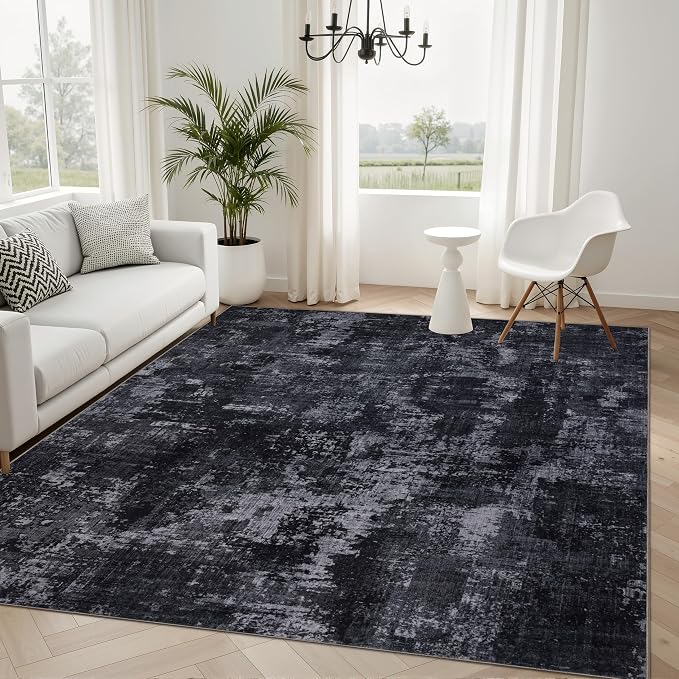 Sasttie 5x7 Soft Area Rug for Living Room, Modern Abstract Washable Carpet for Bedroom, with Non-Slip Backing, Black and Grey
