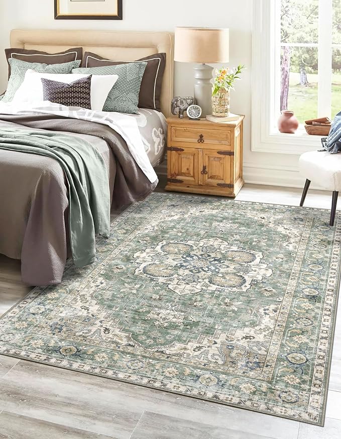 LUXRUG 3x5 Washable Area Rug - Small Entryway Rug Non-Slip Sage Green Vintage Oriental Kitchen Rugs Low Pile Boho Carpet Throw Rugs for Living Room Bedroom Bathroom Entrance Dorm Office Home Decor