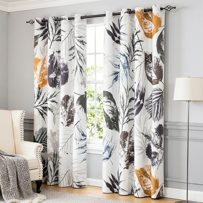 SUBRTEX Boho Leaf Printed Curtains 95 inch Long 2 Panels, Room Darkening Vibrant Floral Drapes, 50% Blackout Light Flitering Curtains, Semi Sheer Farmhouse Curtains for Living Room, 52Wx95L, Gray Leaf
