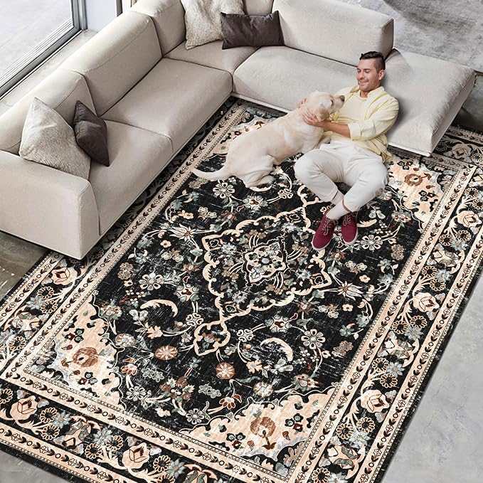Vhong Washable Area Rugs Boho Vintage Modern Neutral Large Carpet Black and Brown 5×7 High Traffic Rugs for Dinning Room Living Room Bedroom Farmhouse Non Slip