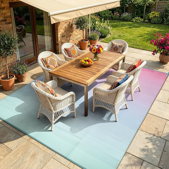 Lahome Reversible Rv Rugs for Outside Camping, 8x10 Waterproof Outdoor Pool Beach Area Rugs, Portable Lightweight Plastic Straw Carpet for Porch Backyard Garden, Pink Blue 8'x10'