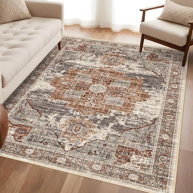 4x6 Living Room Area Rugs - Washable Area Rug Soft Stain Resistant Carpet Vintage Lightweight Ultra-Thin Rugs for Bedroom Kitchen entryway with Non Slip Backing Home Decor Small Mat 4X6 Brick