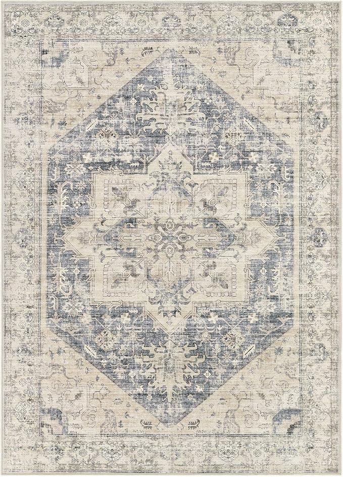 9x12 Area Rugs for Living Room - Large Carpet Ultra Thin Soft Washable Oriental Vintage Floral Distressed Big Indoor Carpets for Bedroom Nursery Dorm Home Decor Aesthetic - Blue Beige