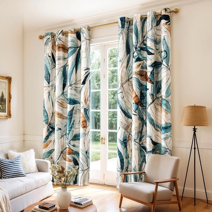 SUBRTEX Blackout Curtains 52Wx108L, Room Darkening Floral Curtains, Thermal Insulated 2 Panels Window Drapes, Boho Farmhouse Curtains for Living Room Bedroom Window Treatments, Blue