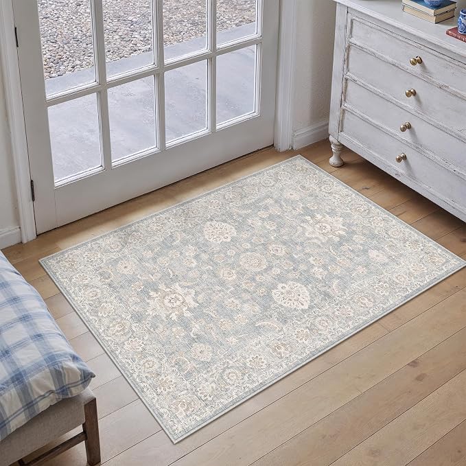 2x3 Blue Cream Washable Area Rug for Entryway Neutral Floral Soft Non Slip Small Carpet Low Pile Distressed Door Mat for Entrance Bathroom Bedroom Indoor