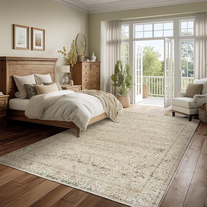 BILEEHOME Neutral Area Rugs 8x10 for Living Room,Boho Washable Earth Tone Vintage Floral Modern Farmhouse Bedroom Dining Room Rug Under Table,Cream Beige Tan Brown