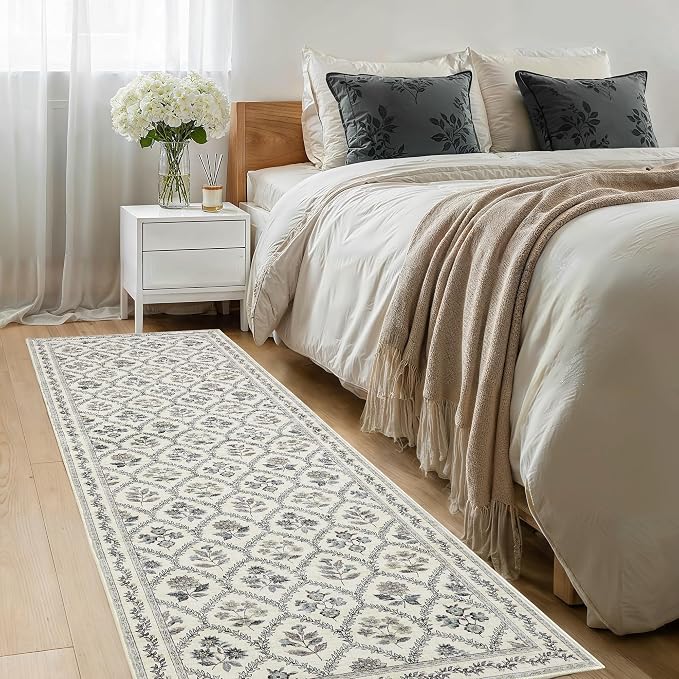TWODRAPES Blue Runner Rug Hallway 2x6 Washable Green Area Rug, Non Slip Bathroom Hallways Long Runner 2x6 Kitchen Floor Mat Laundry Room Flower, Blue Floral Modern Boho Design