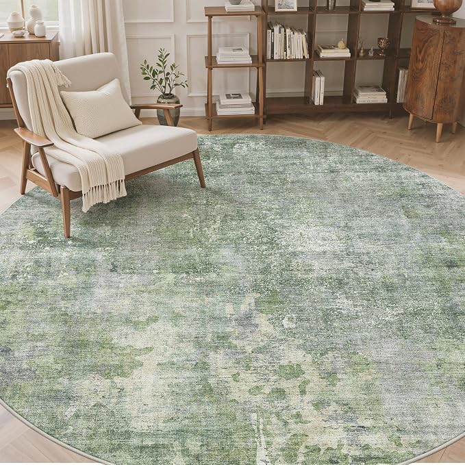 Soalmost 8x8 Green/Ivory Round Rug 8ft Living Room Circle Rug Vintage Round Area Rug Non Slip Indoor Carpet for Apartment