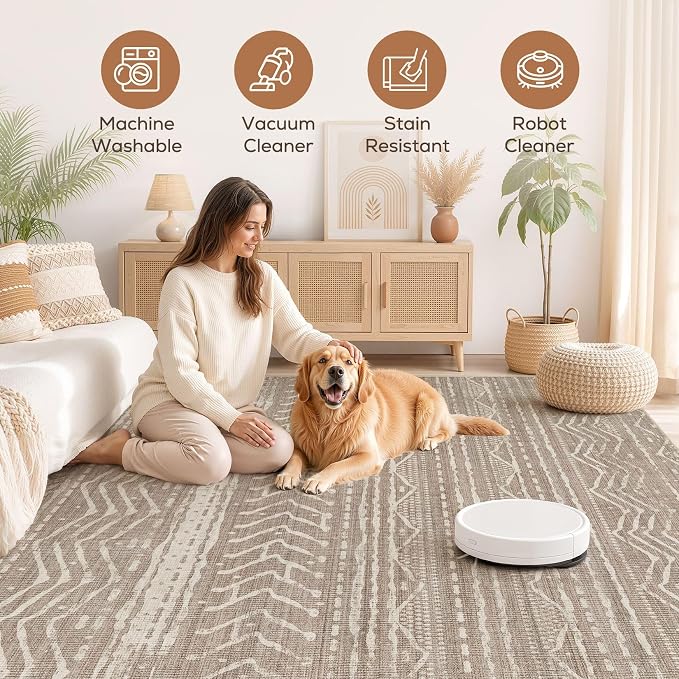 Nakagishi Area Rug Living Room Rugs: 12x18 Large Soft Machine Washable Boho Moroccan FarmNeutral Stain Resistant Indoor Floor Carpet for Bedroom Under Dining Table Home Office Decor-Dark Brown