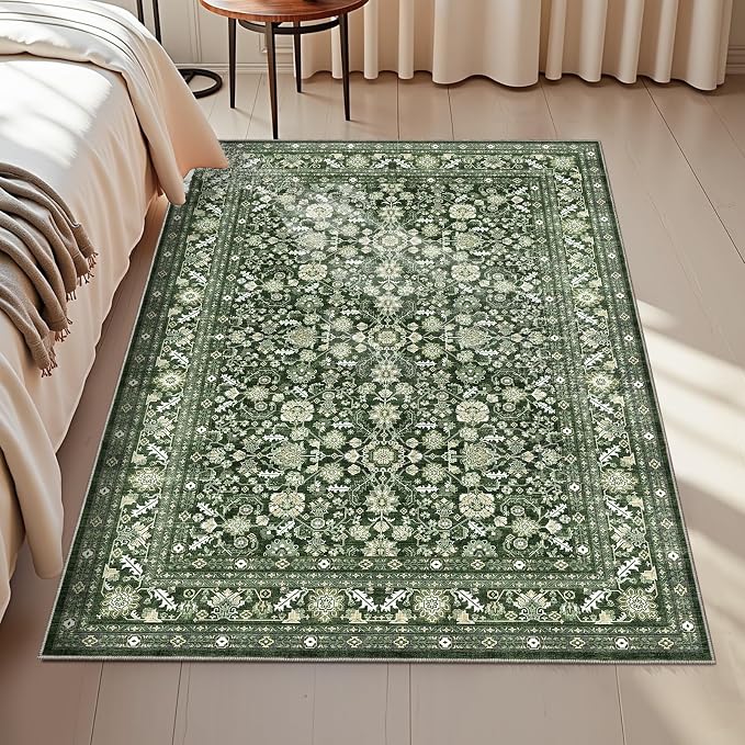 OPPODREAM Low-Pile Area Rugs, Faux Wool Carpet for Living Room, Kitchen, Office, Dorm, Bedroom, Vintage Washable Rug Non Slip, Dark Green, 3'x5'