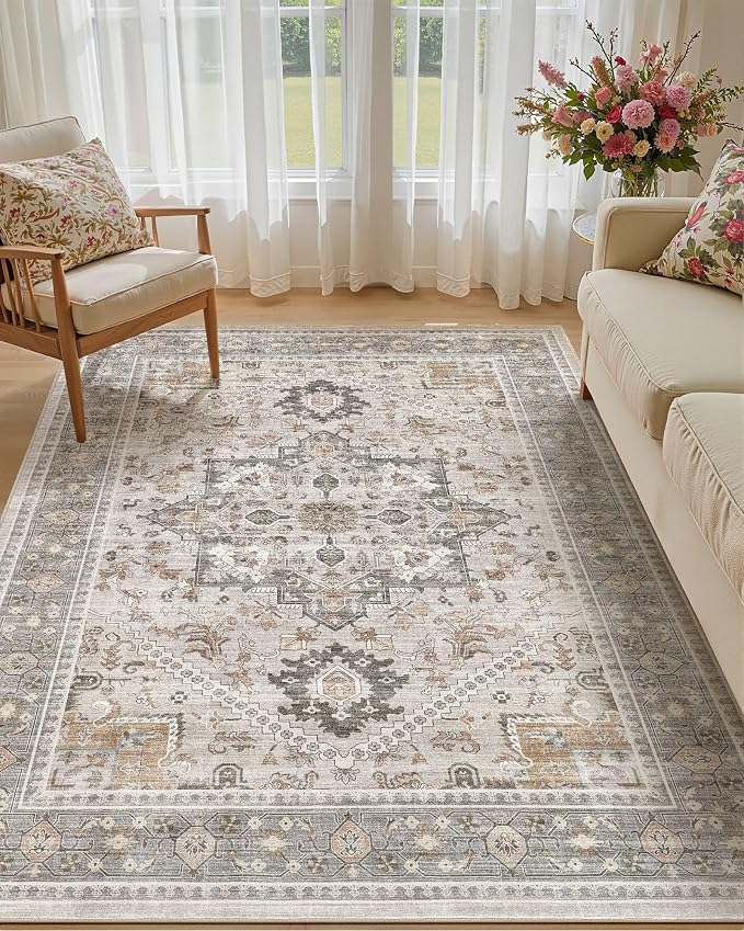 6x9 Vintage Area Rug: Washable Neutral Soft Non Slip Thin Large Floor Carpet for Living Room Bedroom Kitchen Dining Room Home Office Farmhouse Indoor - Taupe