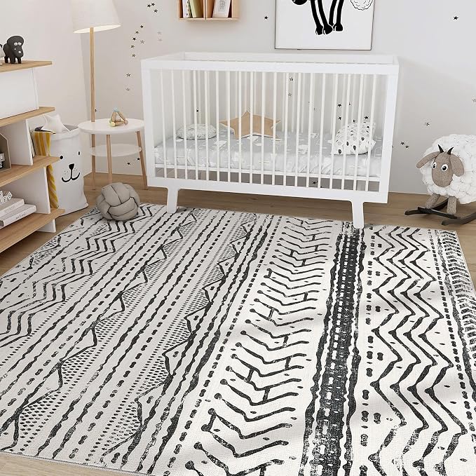 Nakagishi Black Rug for Living Room: 8x10 Washable Boho Large Neutral Soft Farmhouse Area Rugs Stain Resistant Modern Geometric Non-Slip Indoor Floor Carpet for Bedroom Playroom Office Dining Room
